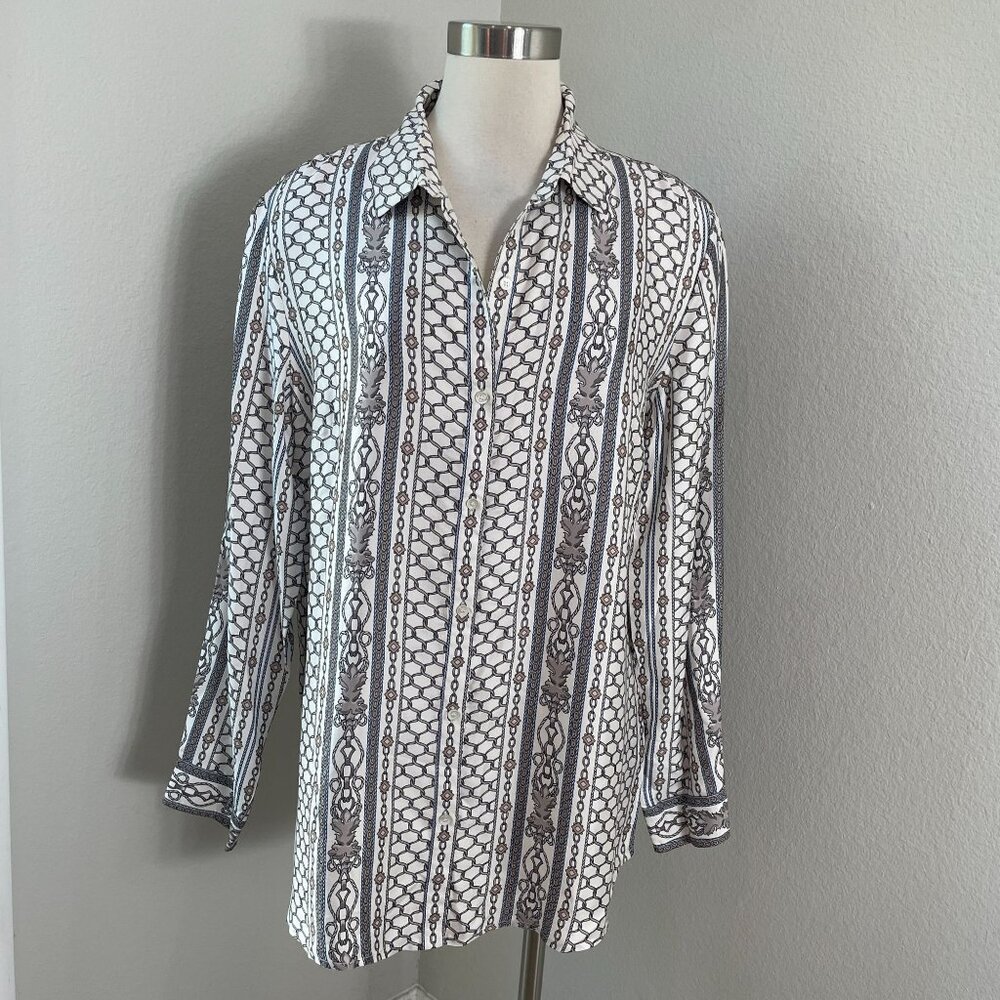 J McLaughlin Womens XL Silk Stretch Chainlink‎ Equestrian Regal Button Shirt
